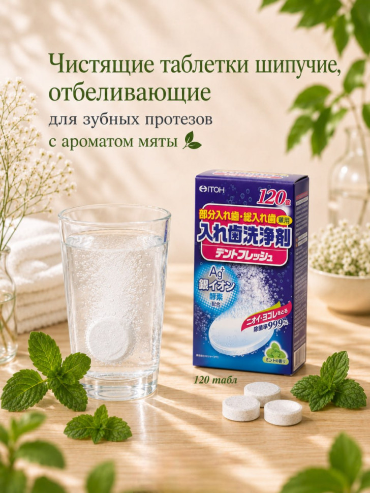 Таблетки шипучие «Дентал фреш» отбеливающие для зубных протезов «Dent fresh» с ароматом мяты 120 табл