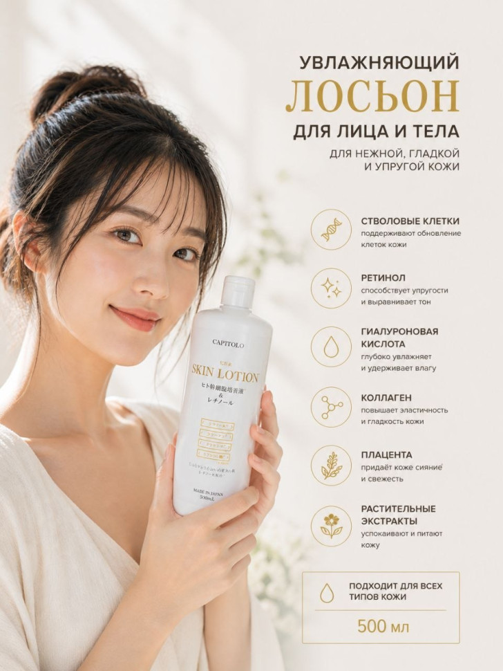SKIN LOTION Stem Cell & Retinol/Увлажняющий лосьон для лица и тела со стволовыми клетками, ретинолом, коллагеном, плацентой, гиалуроновой кислотой и растительными экстрактами 500 мл