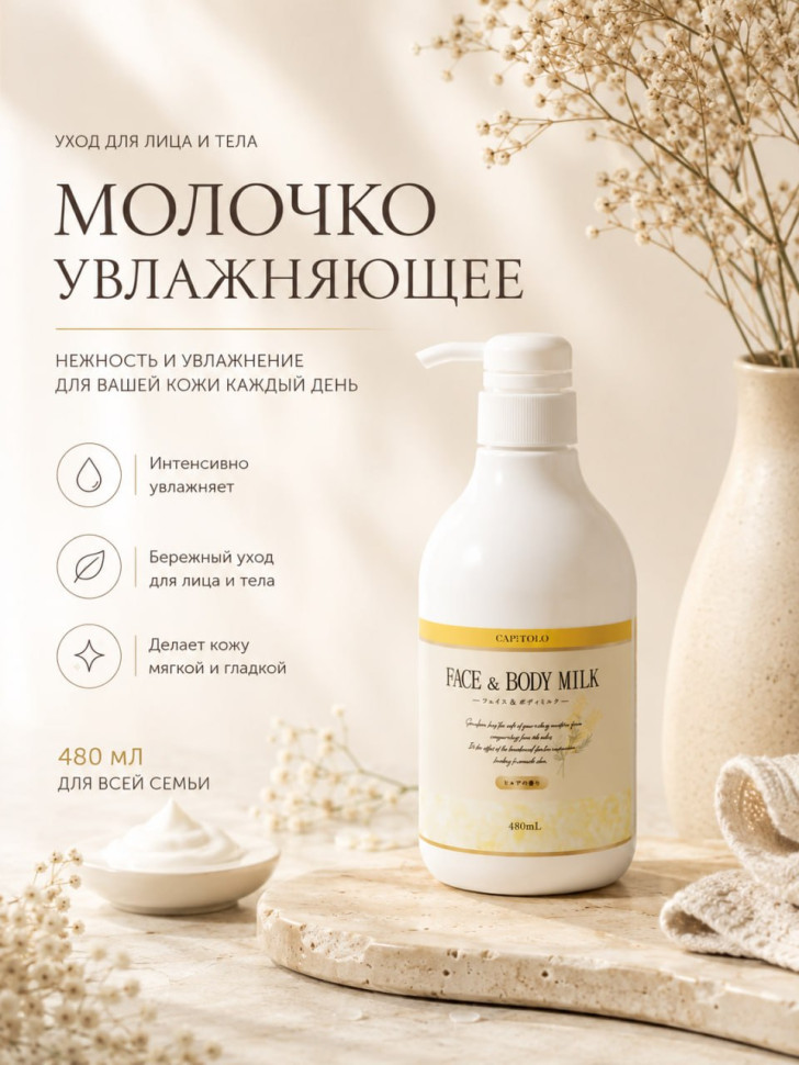 FACE&BODY ESSENCE MILK/Увлажняющее молочко для лица и тела с 13 типами аминокислот, гиалуроновой кислотой, коллагеном, плацентой и ботаническим комплексом, 485 мл