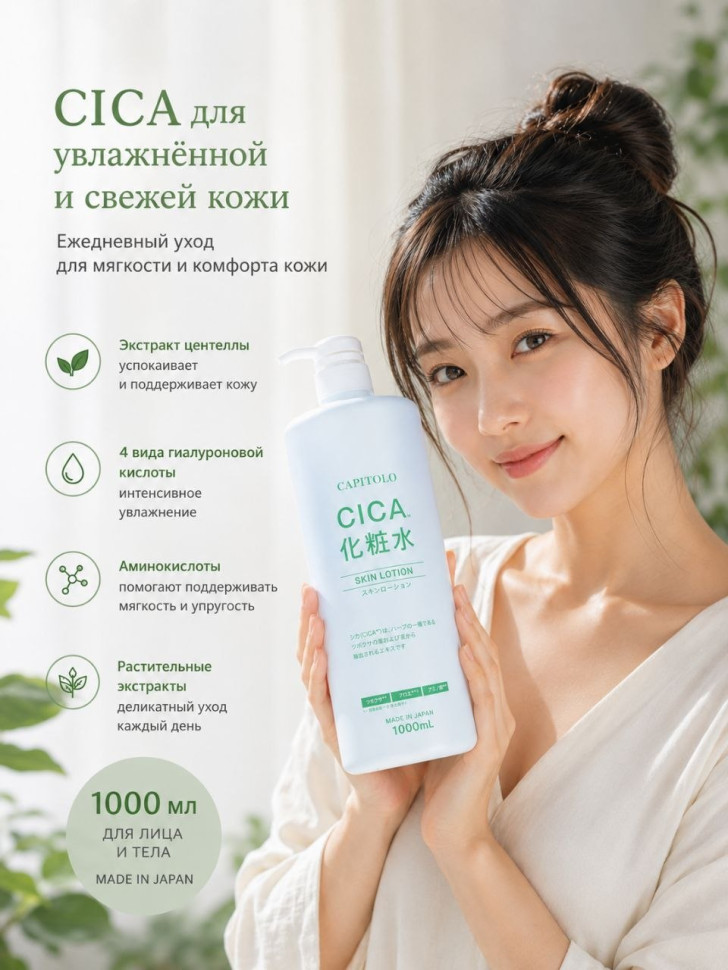 CICA SKIN LOTION/Лосьон для лица и тела с экстрактом центеллы азиатской (CICA), 4 видами гиалуроновой кислоты, аминокислотами и растильными экстрактами, 1000 мл
