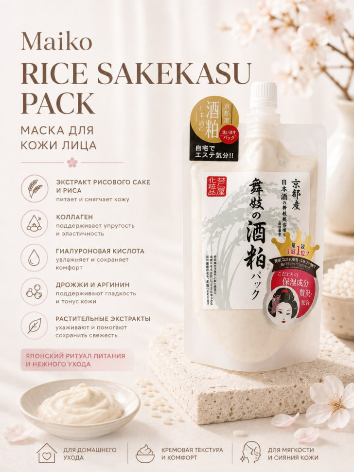 Maiko rice sakekasu pack/Маска для лица с ферментированным экстрактом рисового саке и риса, коллагеном, гиалуроновой кислотой, дрожжами, аргинином и растительными экстрактами 170 г