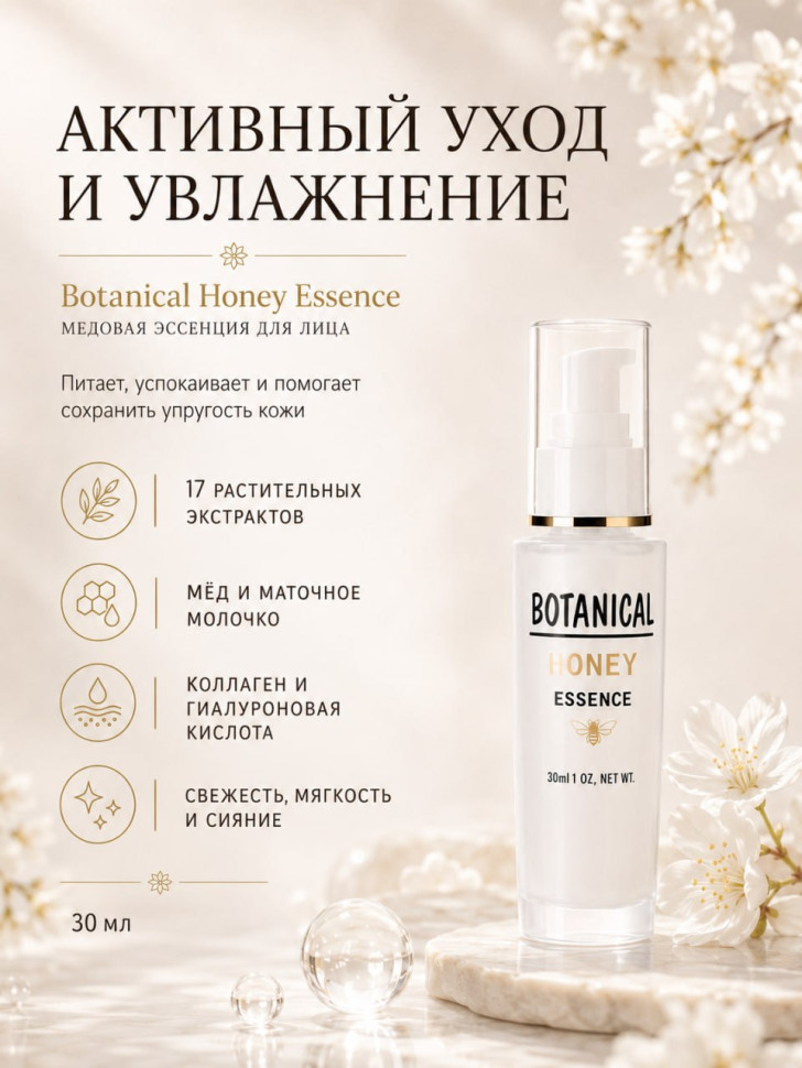 Botanical Honey Essence/Увлажняющий сыворотка для лица с ботаническим комплексом, мёдом, коллагеном, гиалуроновой кислотой и маточным молочком, 30 мл