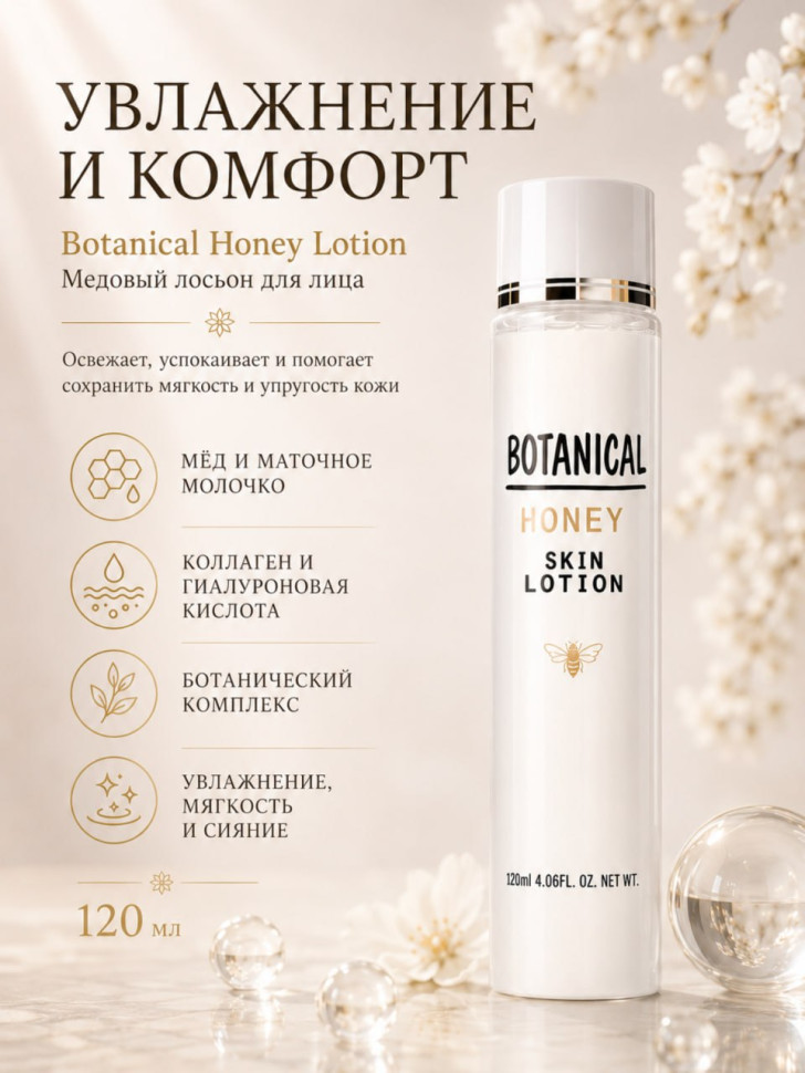 Botanical Honey Lotion/Увлажняющий лосьон для лица с ботаническим комплексом, мёдом, коллагеном, гиалуроновой кислотой и маточным молочком, 120 мл
